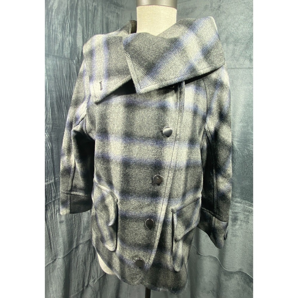 DKNY Coat Women's XL Black Plaid Wool Blend Long Sleeve Shawl Collar Peacoat